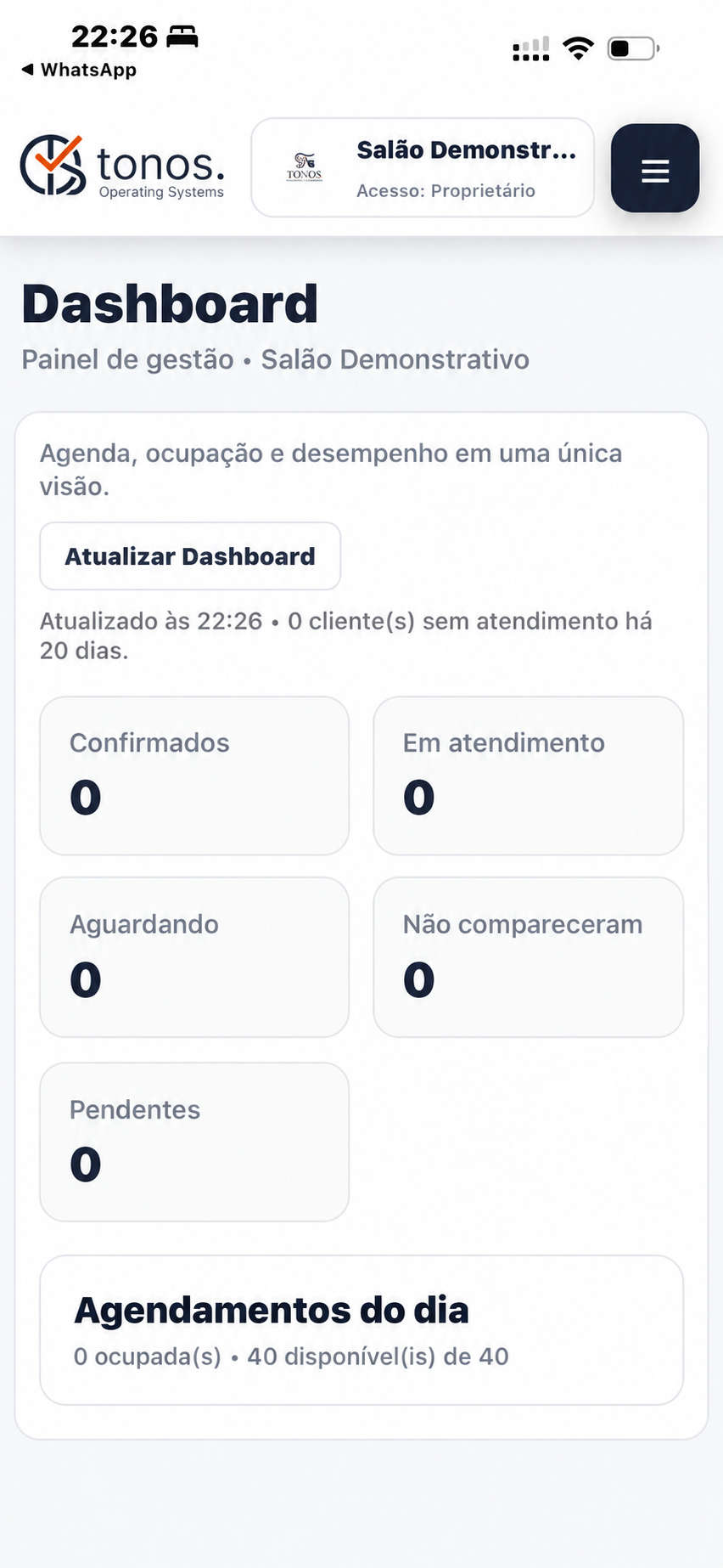 Dashboard móvel da TONOS.